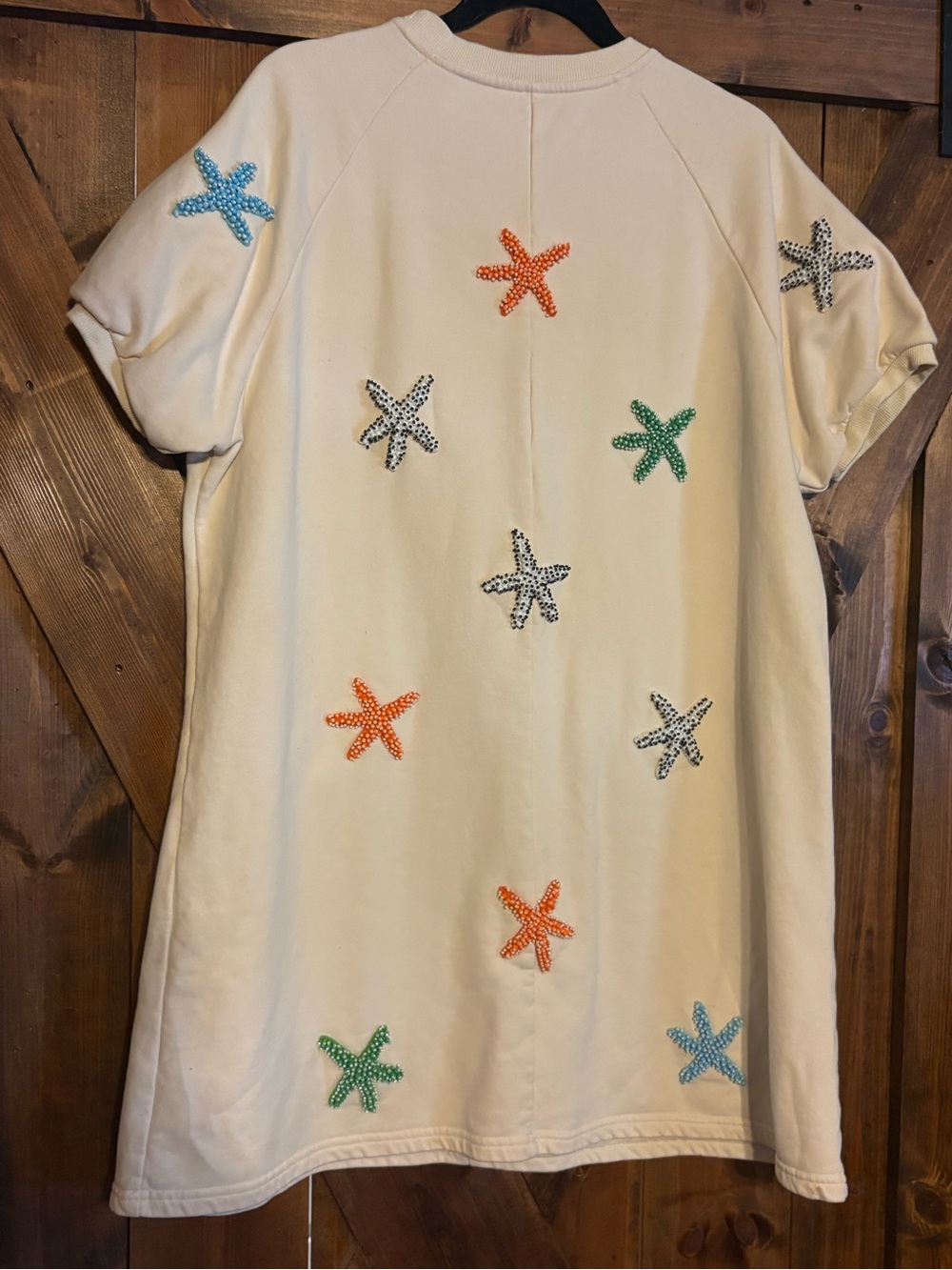 QUEEN OF SPARKLES Cream Short Sleeve Terrycloth Multicolor Starfish Beaded Dress - Picture 2 of 5
